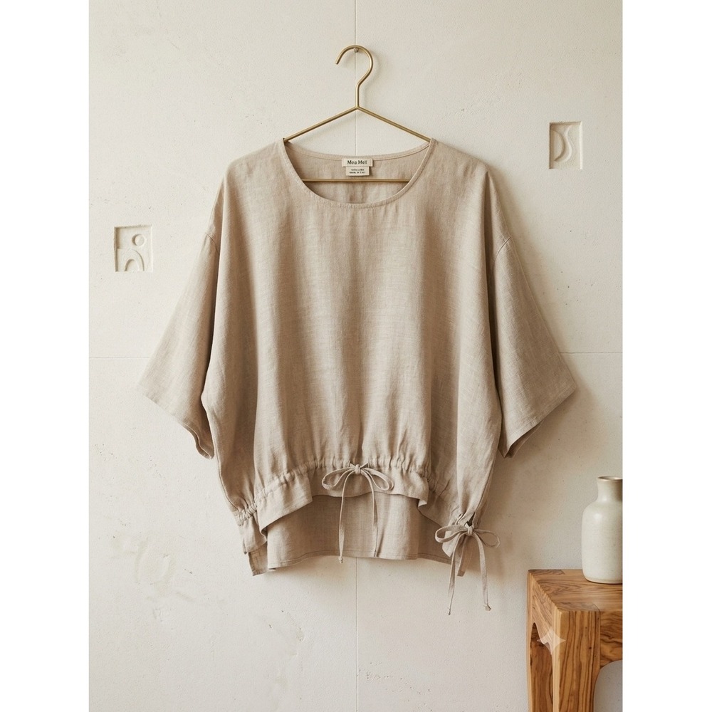 Mea Meli Italy Linen Drawstring Waist Top Beige Oatmeal High Low Blouse 9058-AH